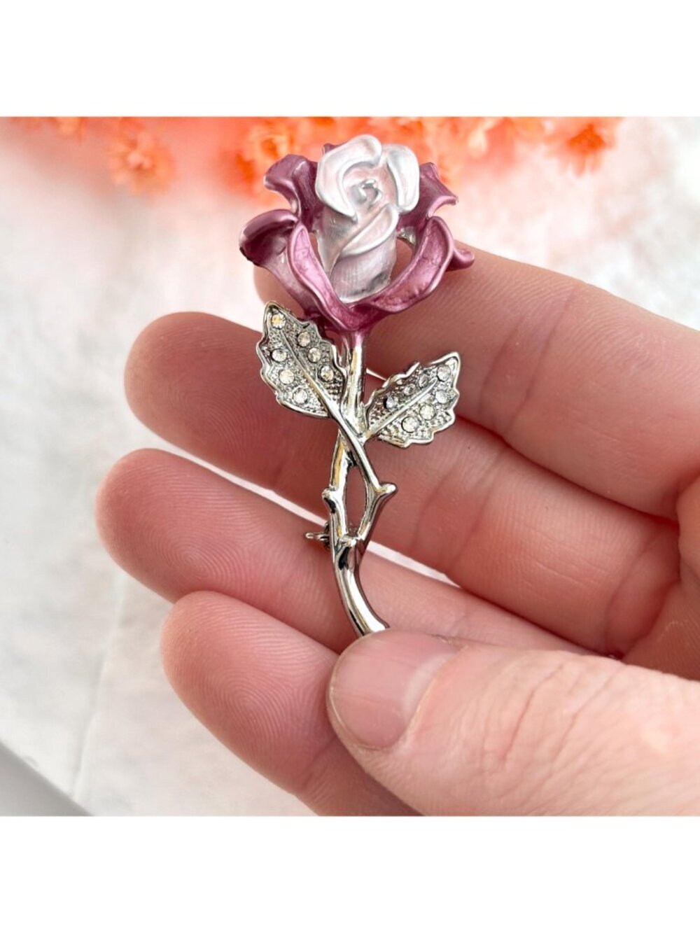 Purple & Pink Rosebud Floral Rhinestoned Silver T Vintage Costume Jewelry Brooch - Picture 3 of 11